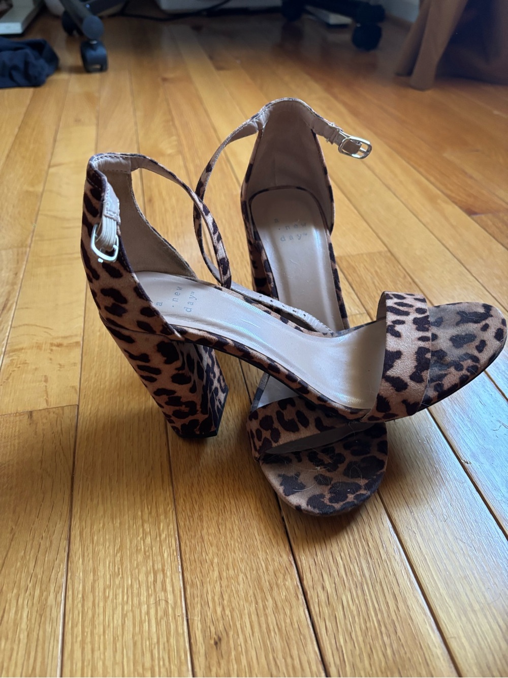 a new day Leopard Print Ankle Strap Block Heels - Brown/Black
